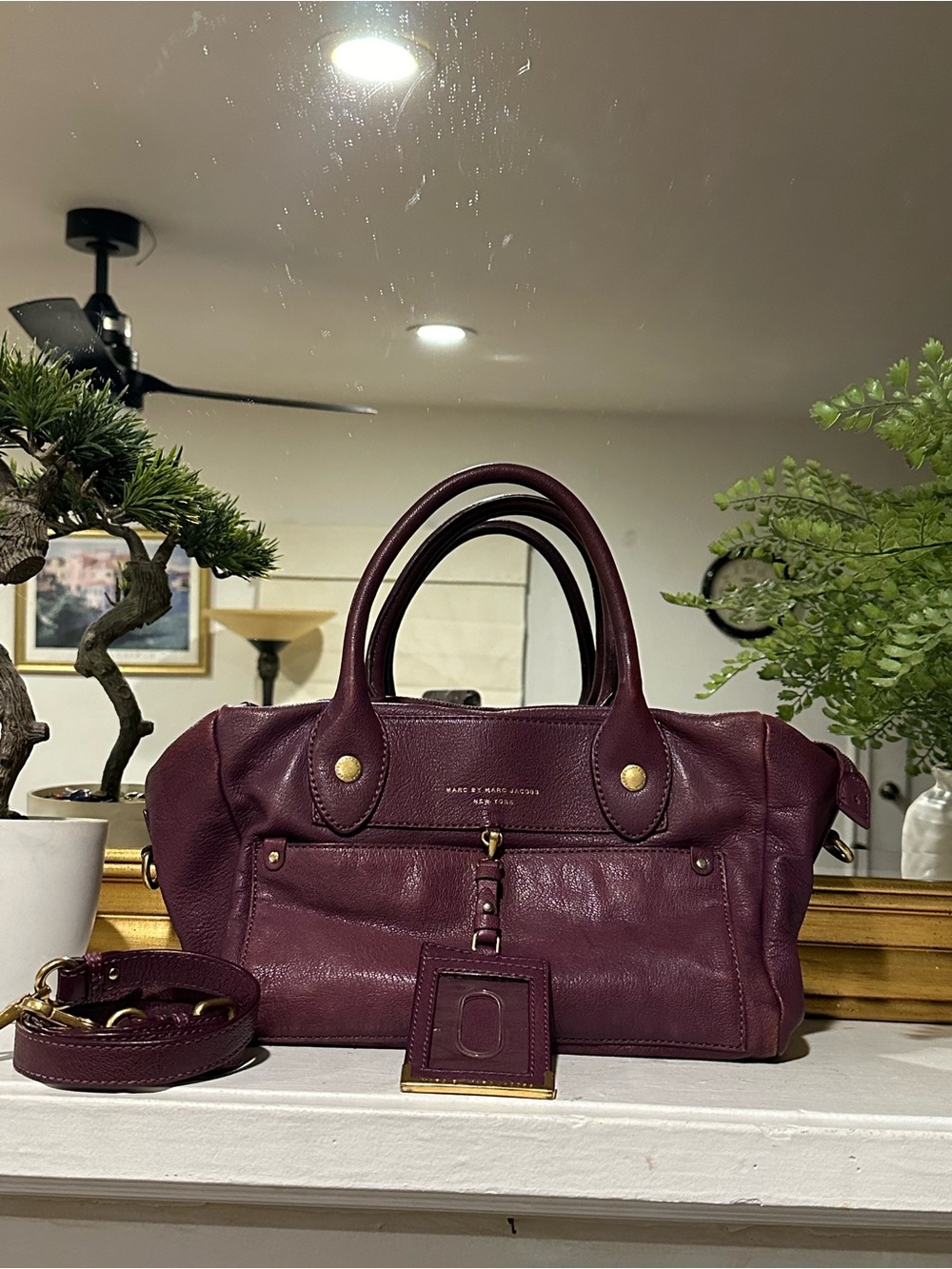Marc by Marc Jacobs Plum Leather Satchel with Detachable Strap and Luggage Tag